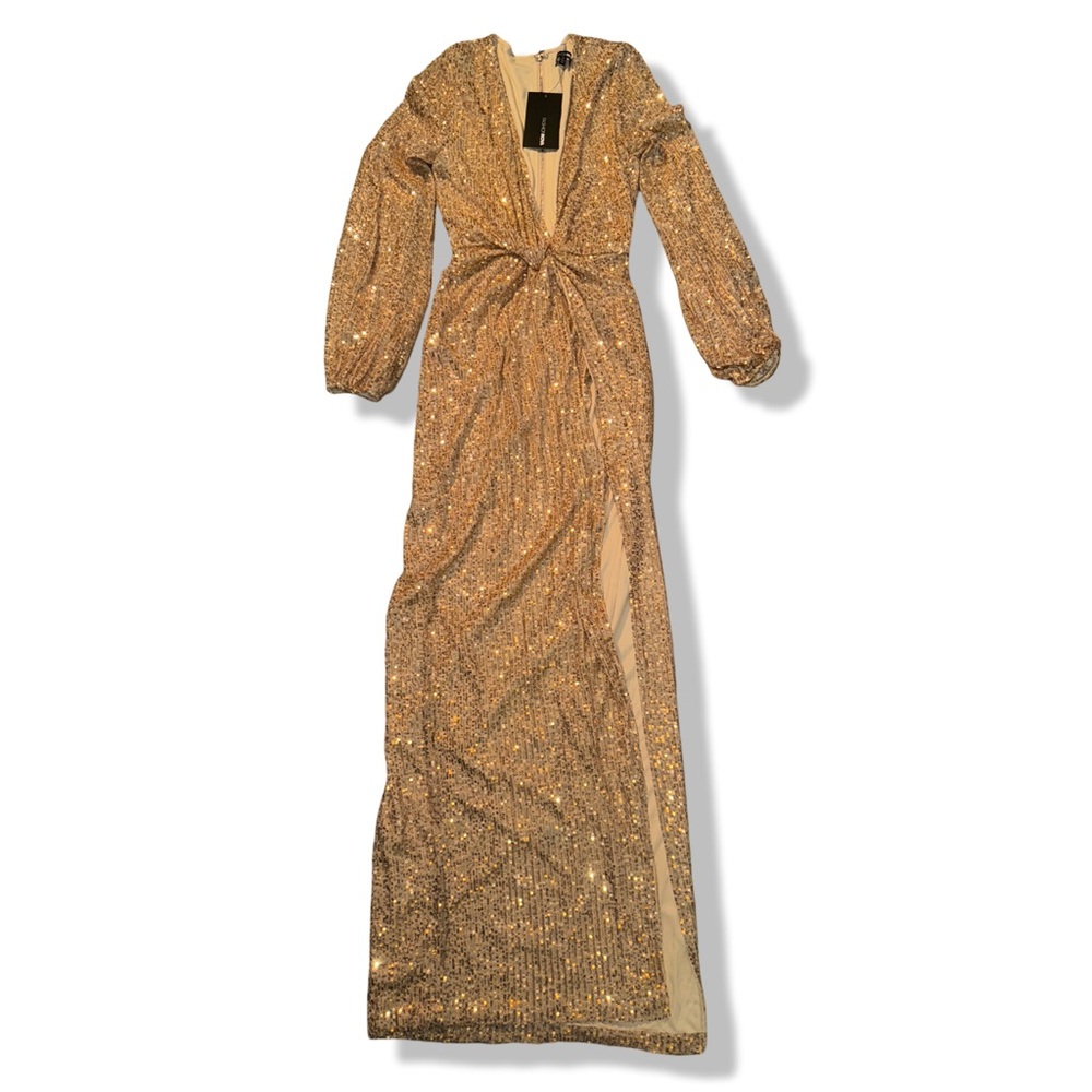 Fashion Nova Gold Sequin Maxi Party Gown Size S Gold